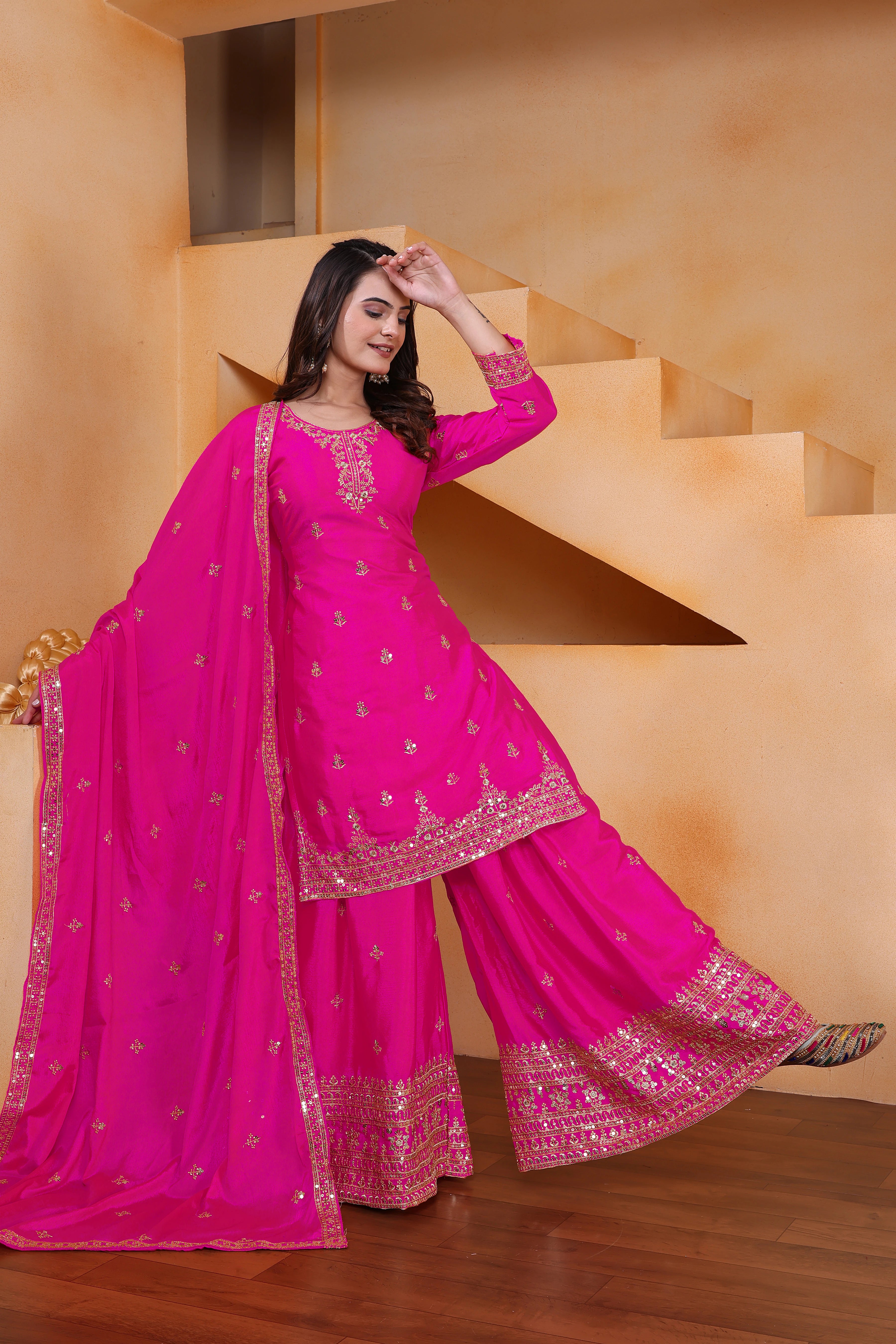 dark pink chinon sequins embroidered suit
